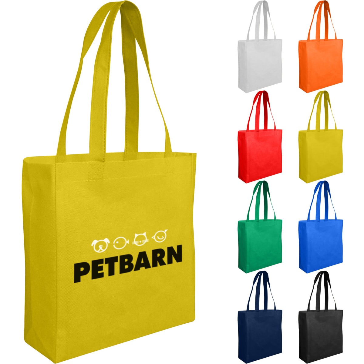 A yellow non-woven reusable grocery bag with two handles and a branding logo, available in multiple colours including white, orange, and green.
