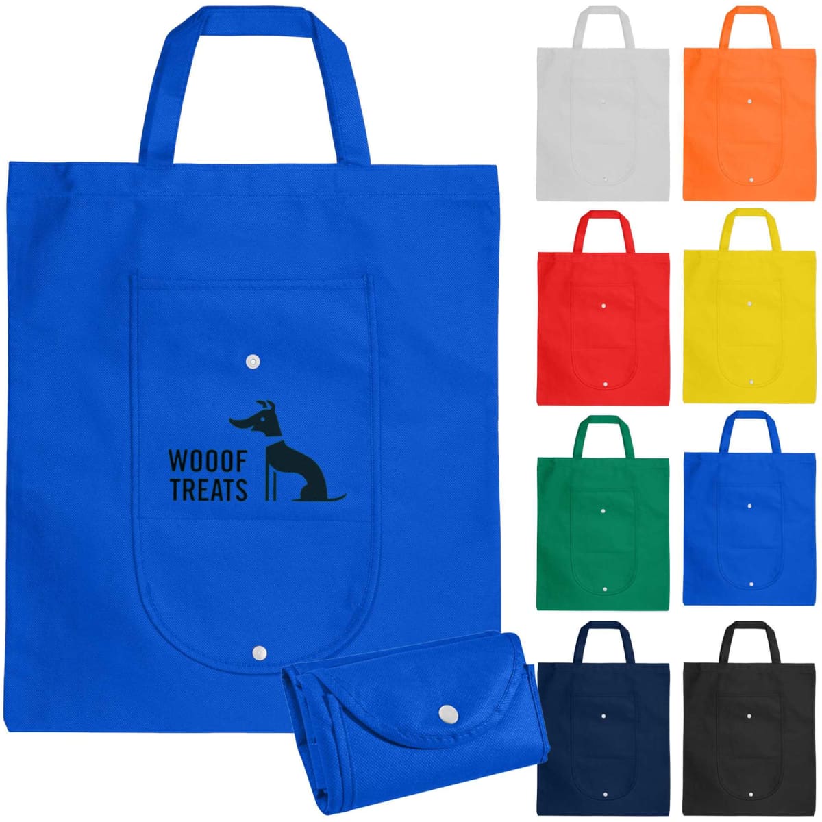 A blue non-woven foldable shopping bag with a logo, alongside bags in white, orange, yellow, green, red, black, and navy.