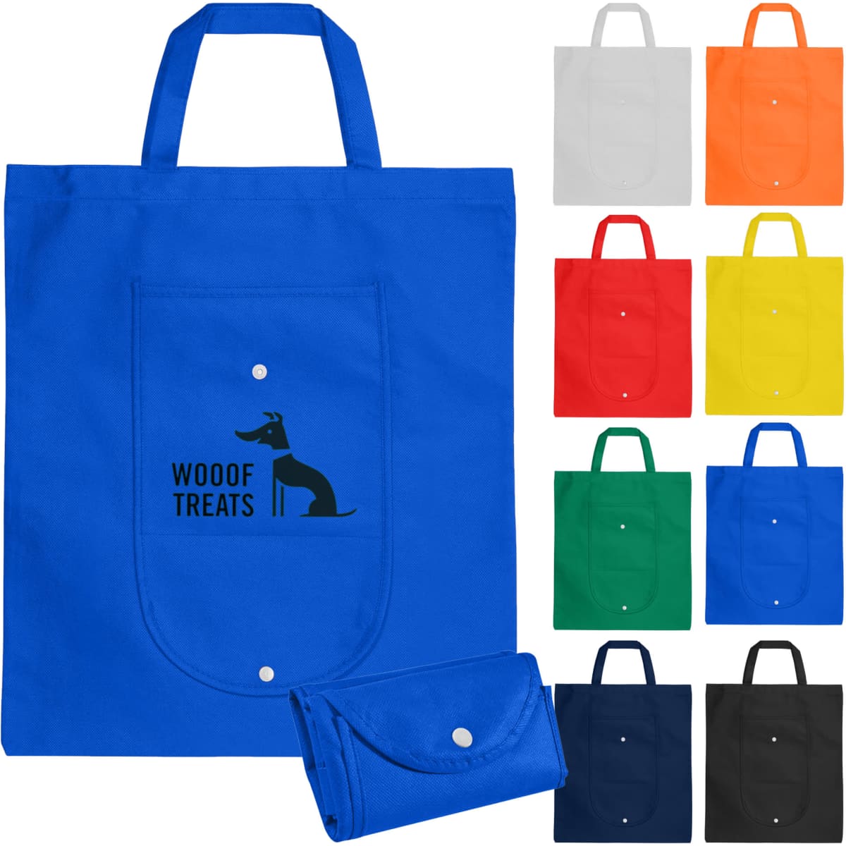 A blue foldable shopping bag with a logo, available in multiple colours including grey, orange, yellow, green, and black.