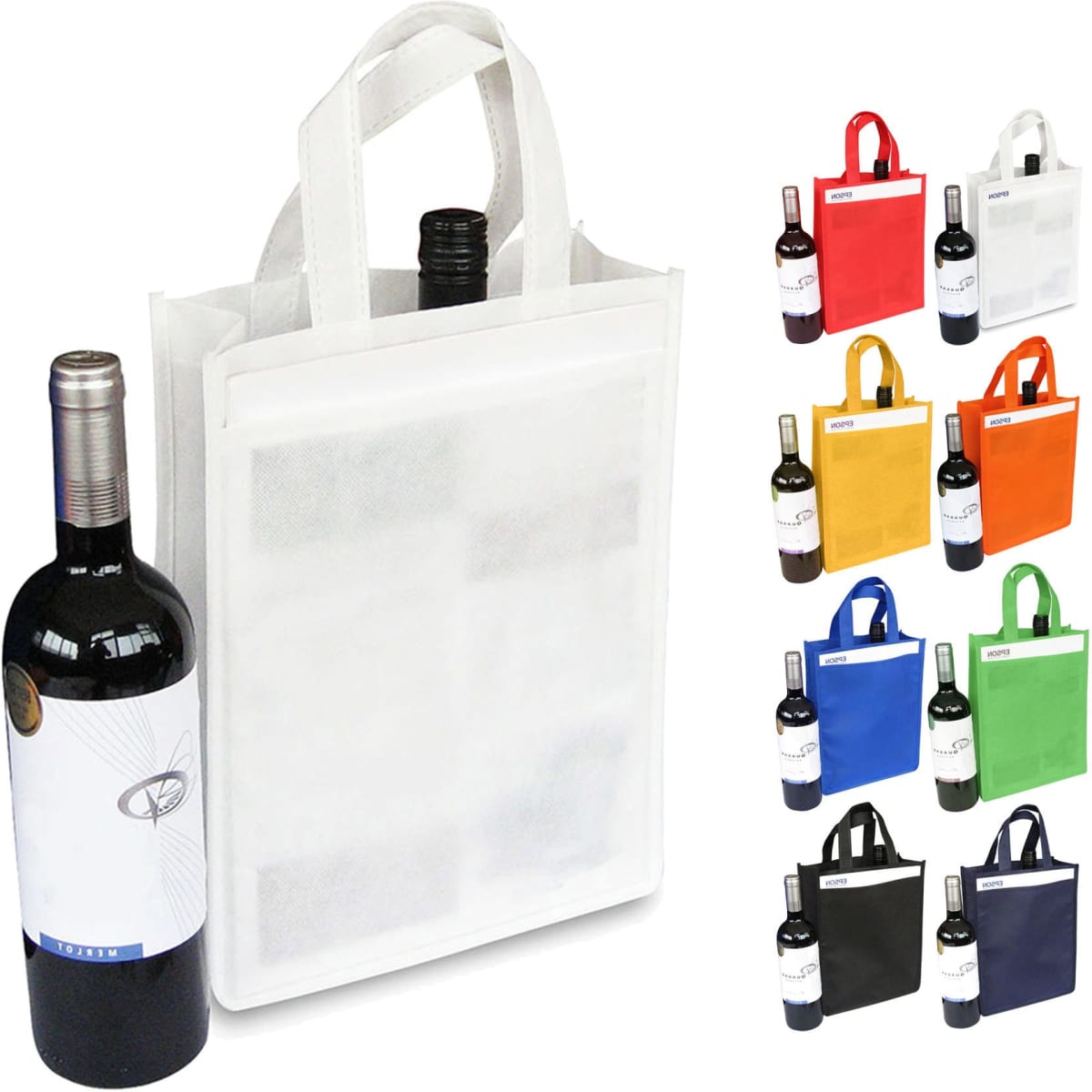 A drink bottle bag in white, holding a bottle, alongside various coloured versions: red, yellow, green, and more.