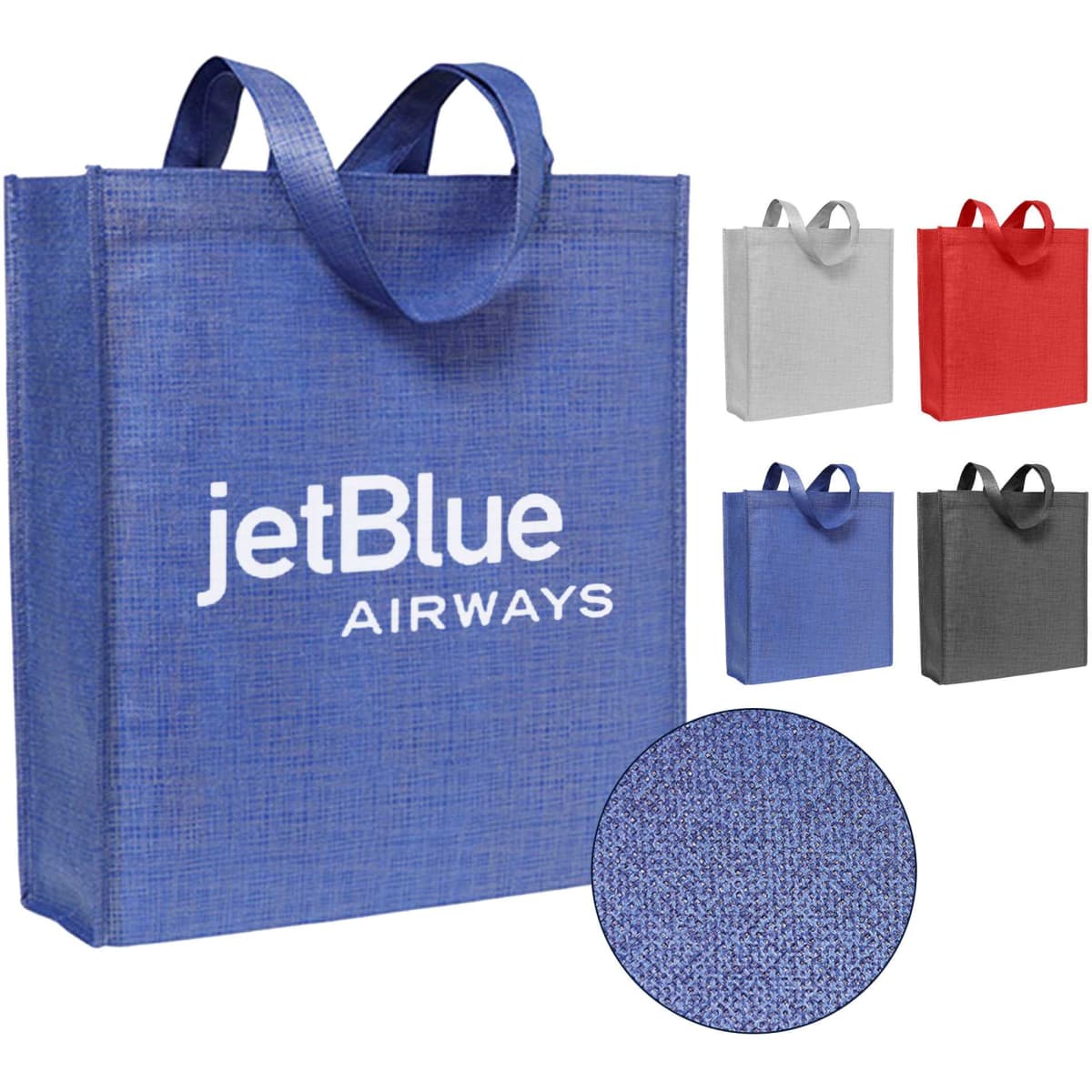 A blue patterned non-woven tote bag with dual handles and a logo, alongside grey, red, blue, and black variations.