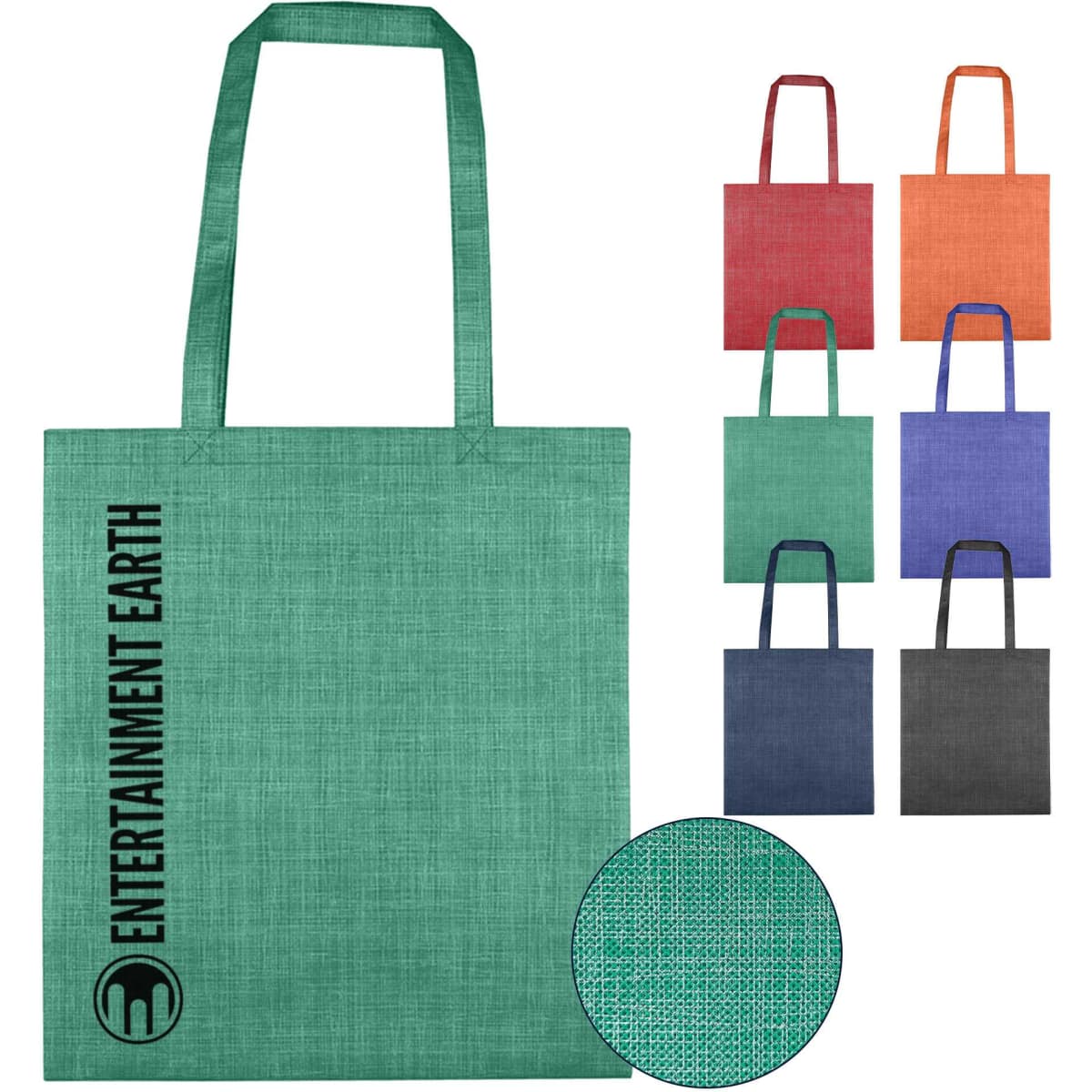 A green non-woven bag with a textured pattern and shoulder straps, accompanied by various colourful bags.