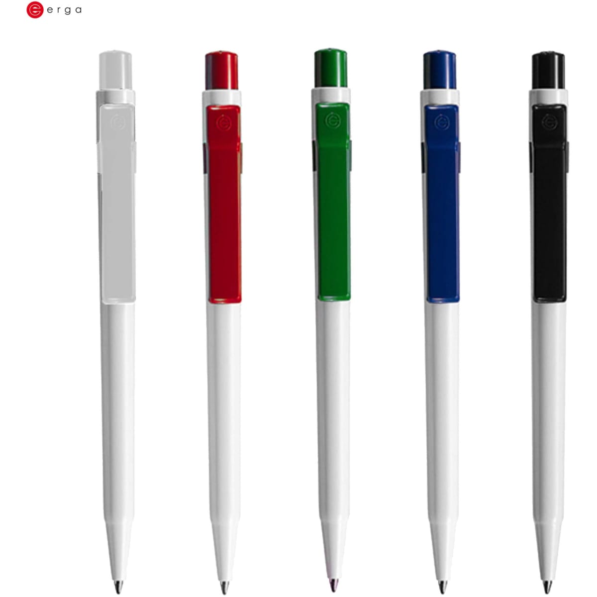 A set of five plastic pens in white, red, green, blue, and black, each with a matching cap and clip.
