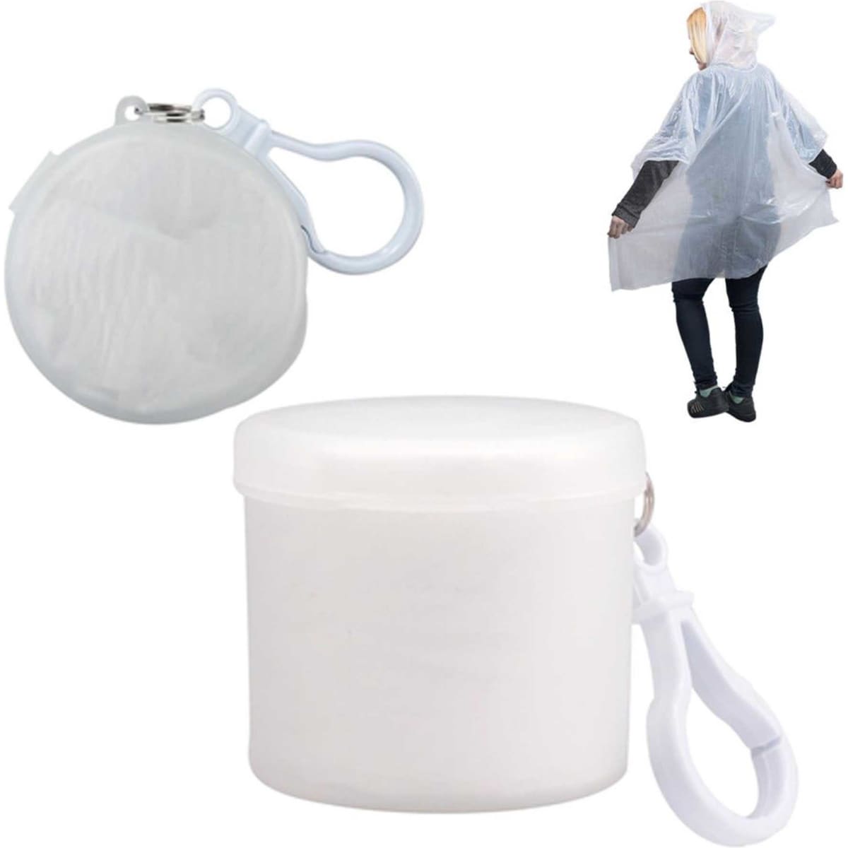 A compact, white Cloud Poncho in a round storage case, with a clip for easy attachment.