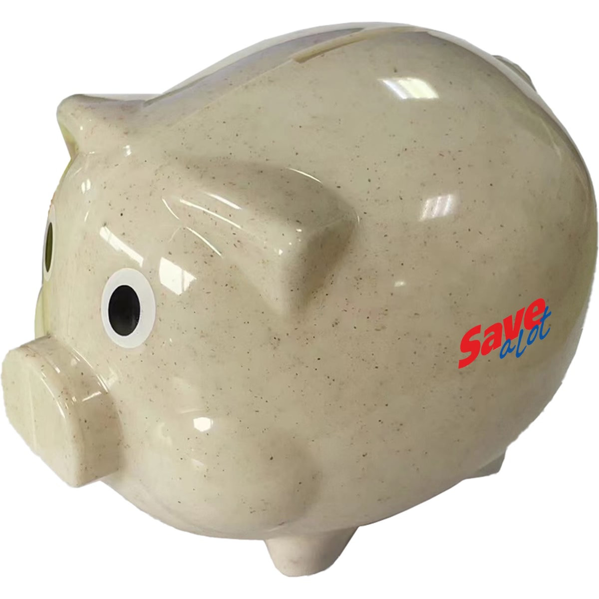 A cream-coloured piggy bank made from wheat straw, featuring large eyes and a logo.