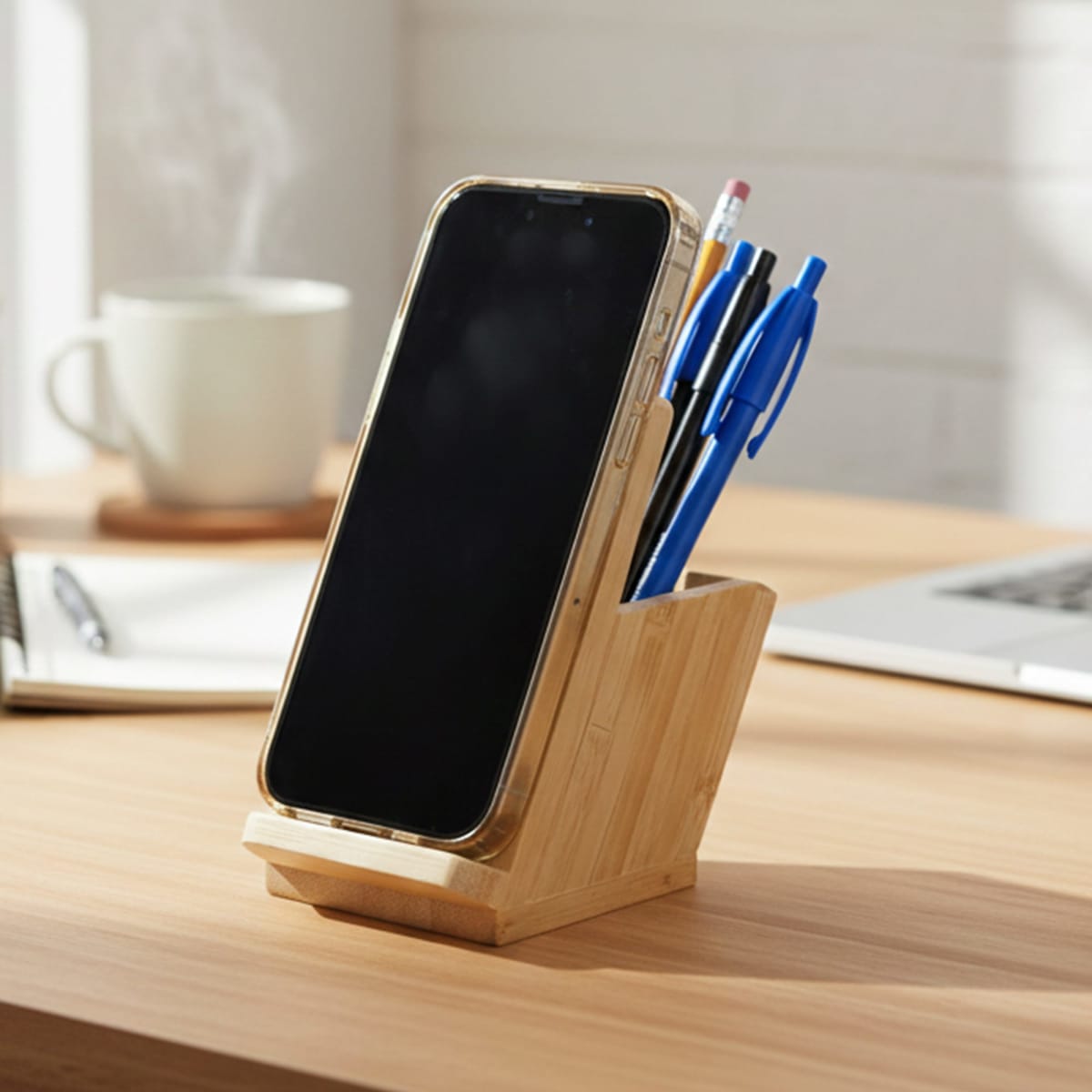 A bamboo mobile stand and pen holder featuring a space for a smartphone and several blue and black pens.