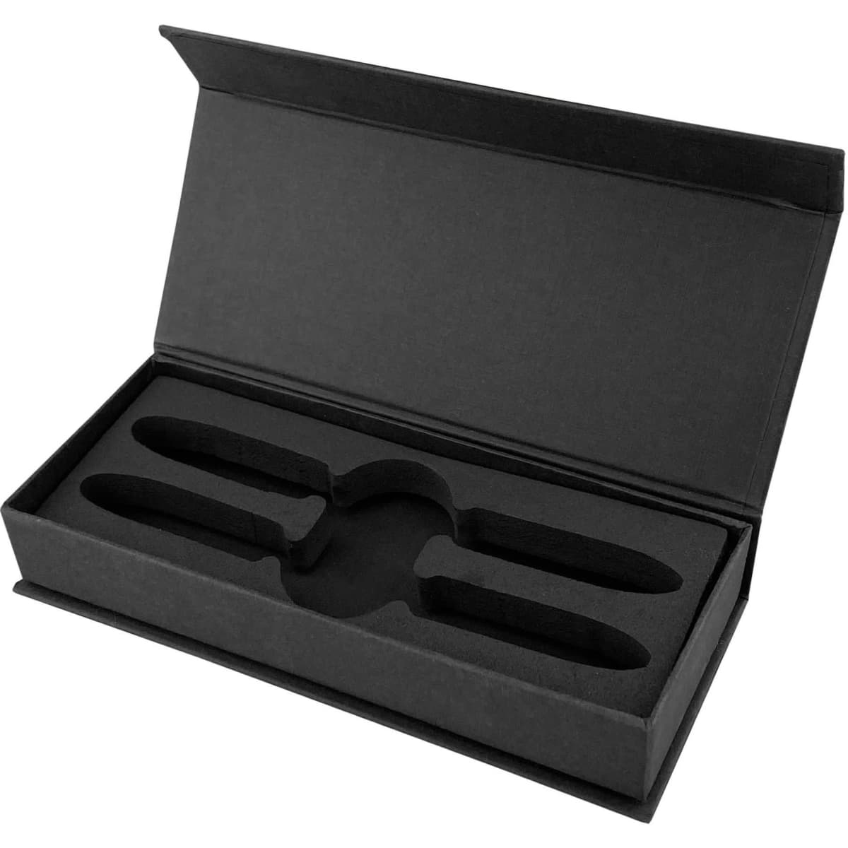 A black pen packaging box with a soft interior, designed to hold two pens securely. It features a hinged lid.