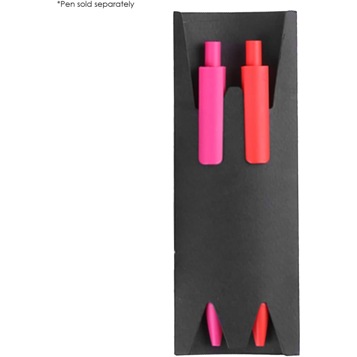A double paper pen sleeve in black, featuring two slots for pens in pink and red. Includes a logo.