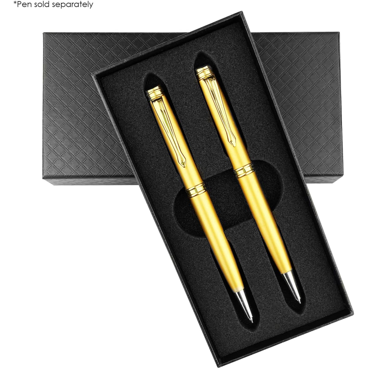 A black rectangular box containing two gold pens, nestled in black foam padding, with a logo on the box.