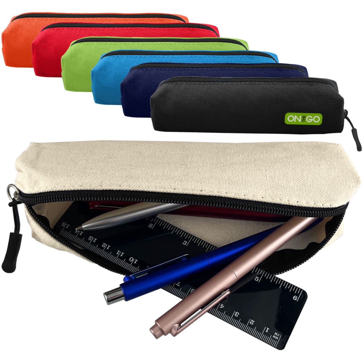 A canvas tube pencil case in various colours, featuring pens, a ruler, and a branding logo.