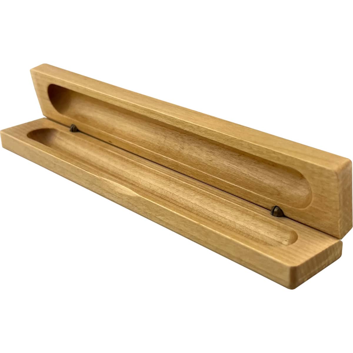 A wooden pen case in a light natural finish, featuring a sleek design with a hinge for easy access.