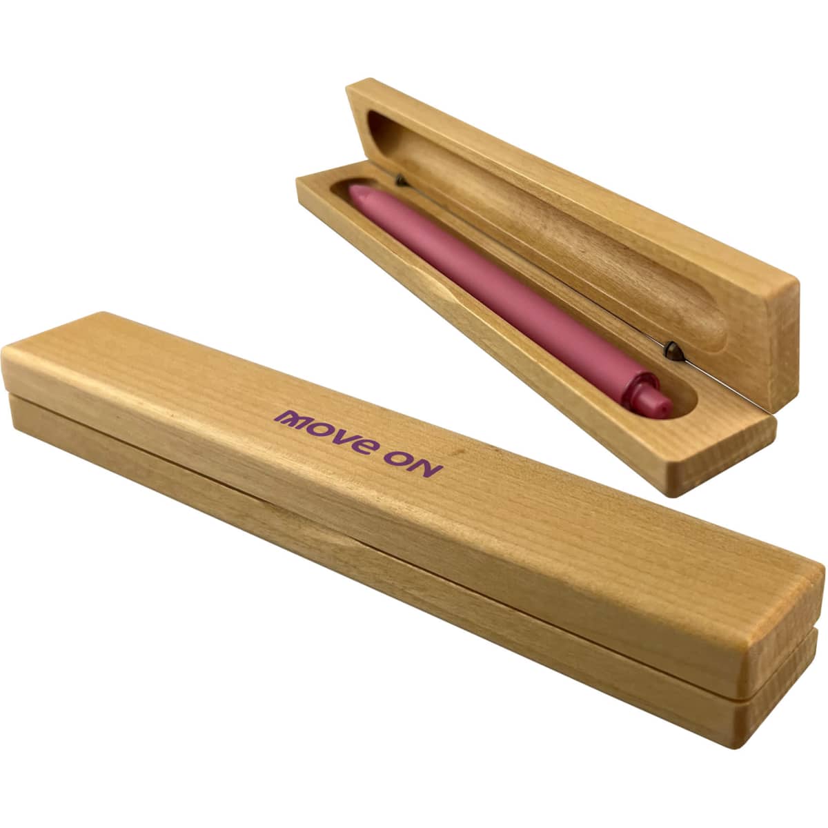 A wooden box featuring a pink pen inside, with a logo on the lid. The box is closed and sleek in design.