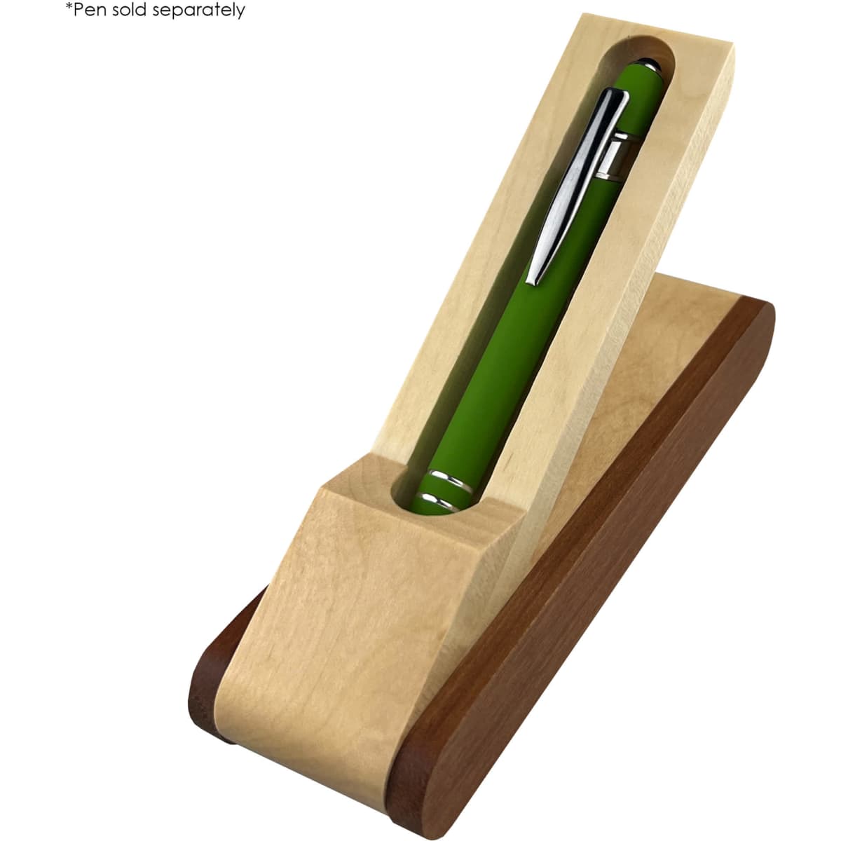 A wooden pen stand in natural and dark brown tones, featuring a slot for a green pen. Includes a logo.