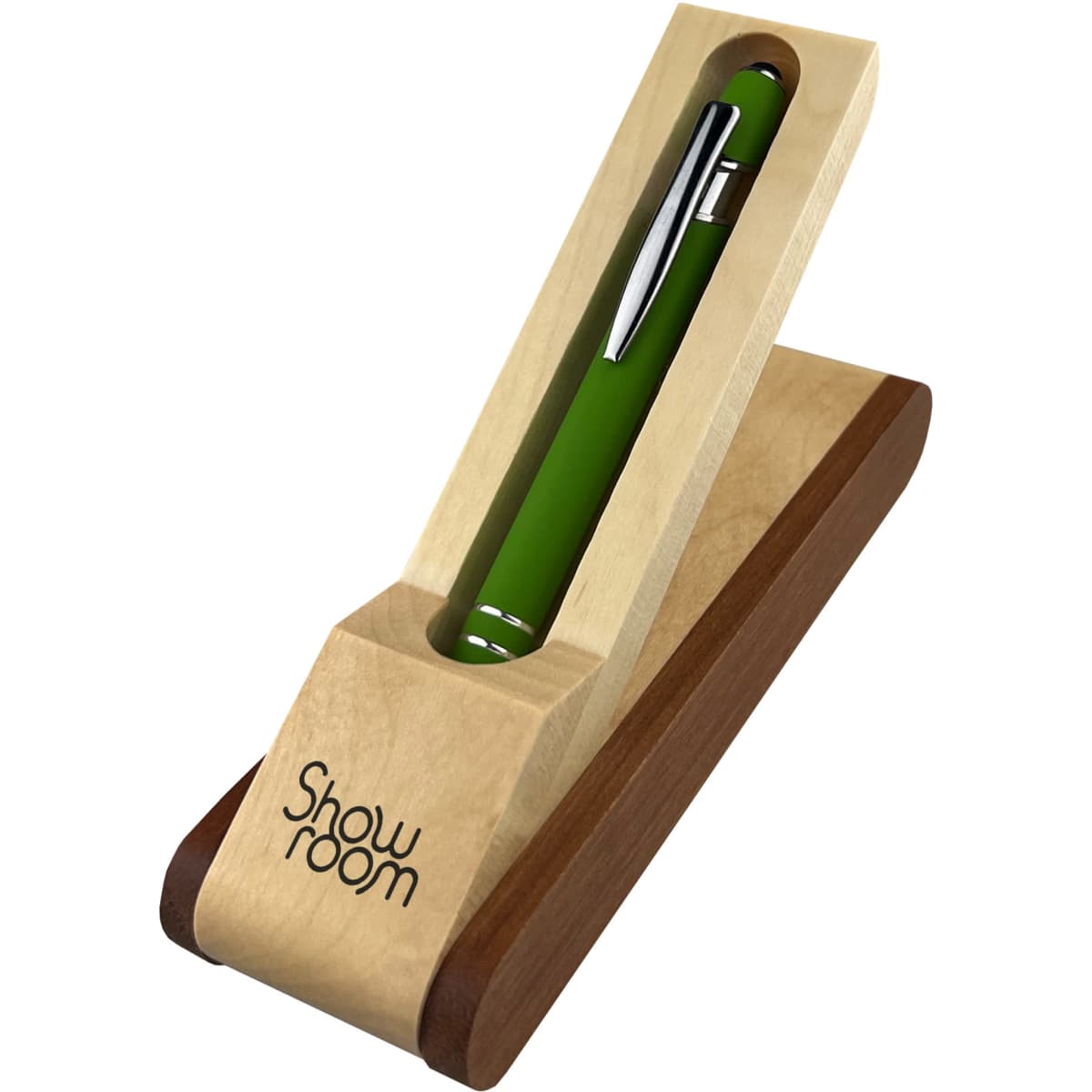 A green pen displayed in a wood twist holder, featuring a sleek design and a logo on the base.