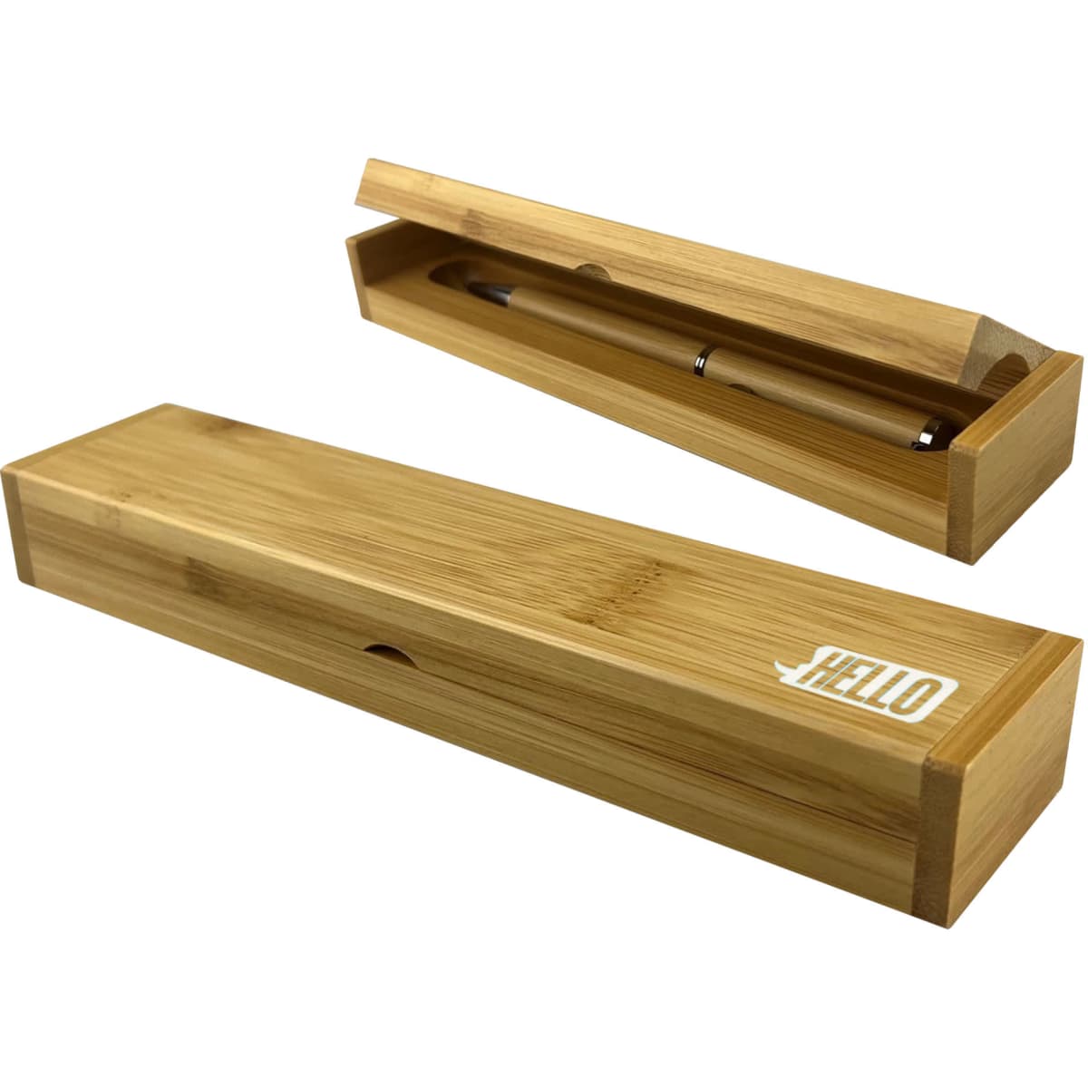 A bamboo gift box containing a single pen, featuring a natural wood finish and a logo.