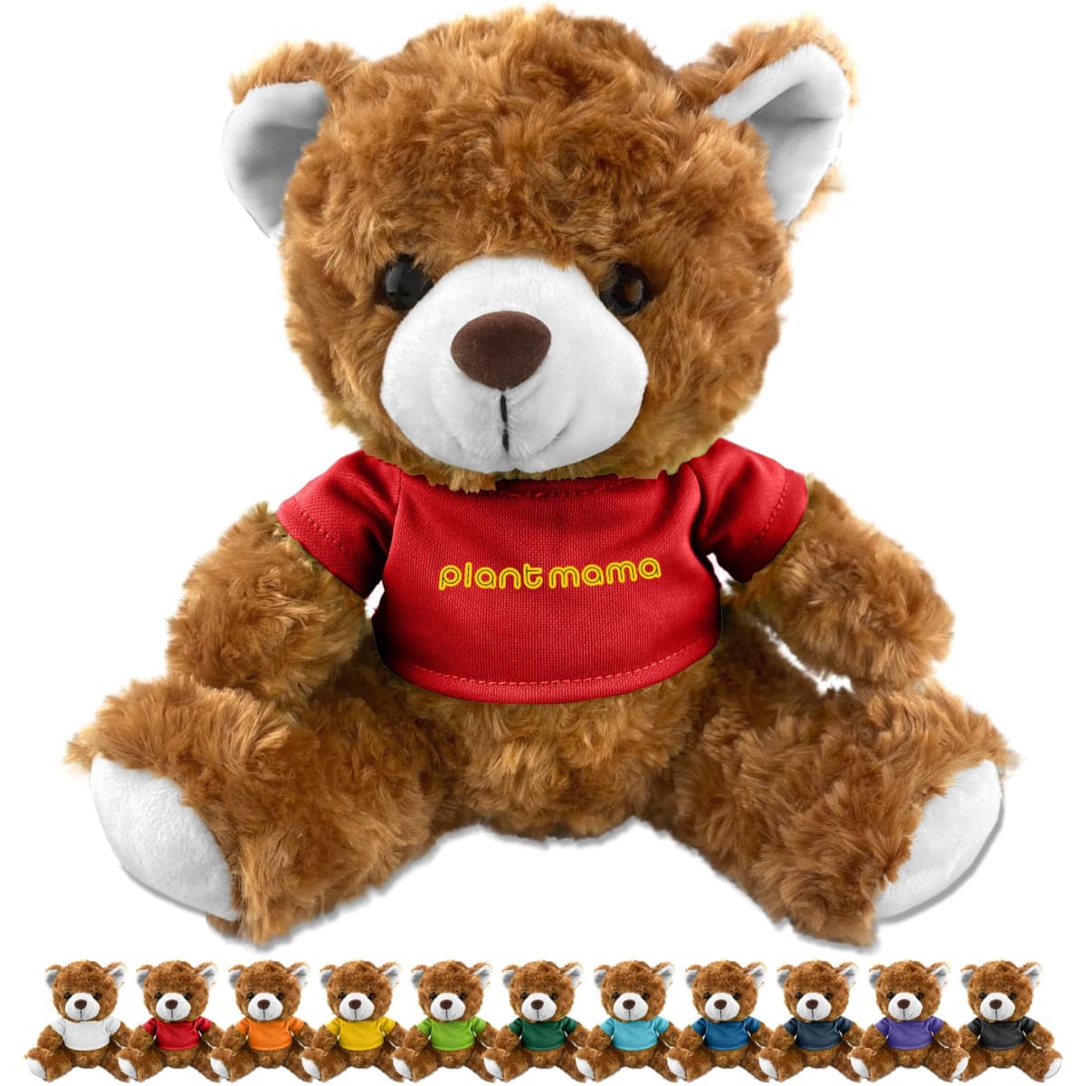 A brown plush teddy bear wearing a red shirt. Multiple teddy bears in different shirt colours are shown below.
