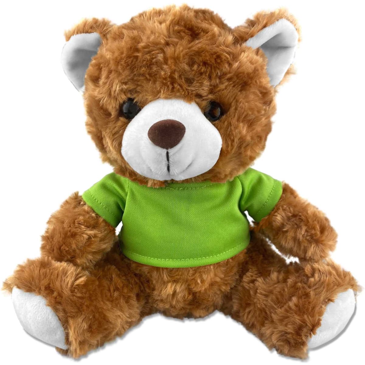 A plush teddy bear with fluffy brown fur and a green shirt, featuring black eyes and a white snout.