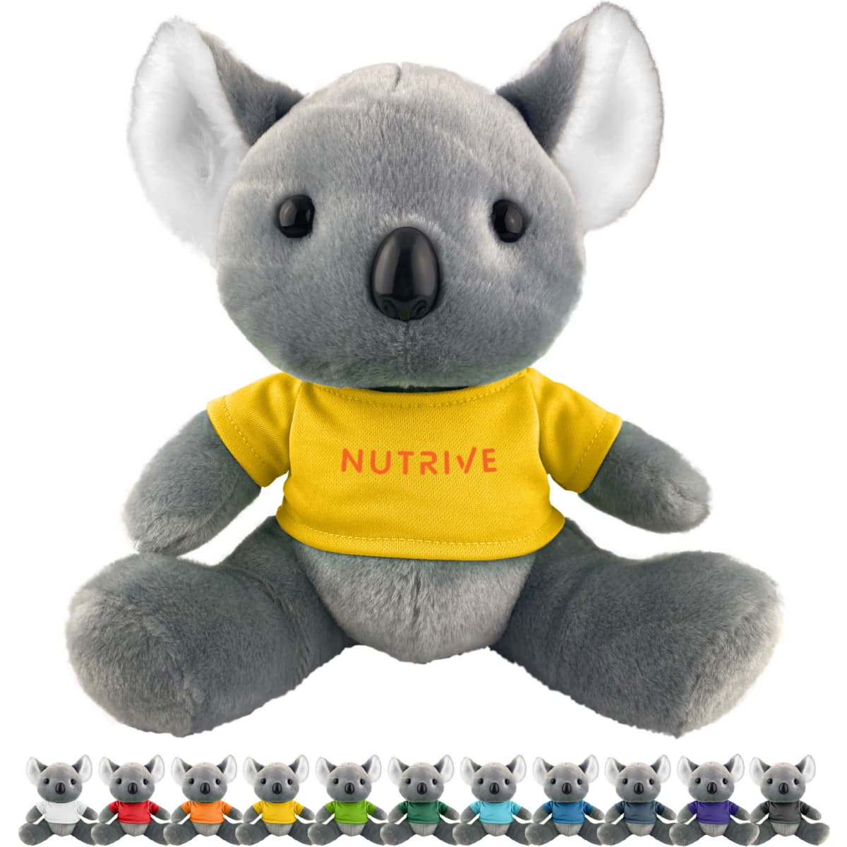 A grey koala plush toy wearing a yellow shirt, featuring a black nose and large ears, with a branding logo.