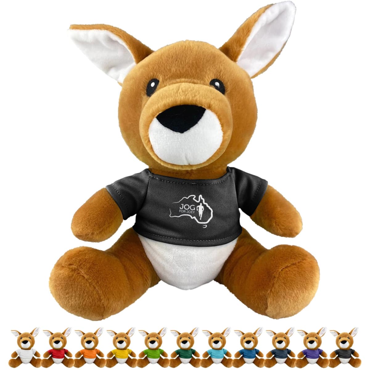 A soft, brown kangaroo plush toy wearing a black T-shirt, featuring large ears and a friendly expression.