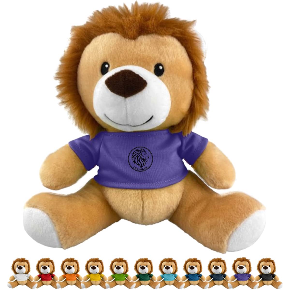 A plush lion toy with a brown body and a purple T-shirt, featuring a friendly face and a tuft of hair on its head.