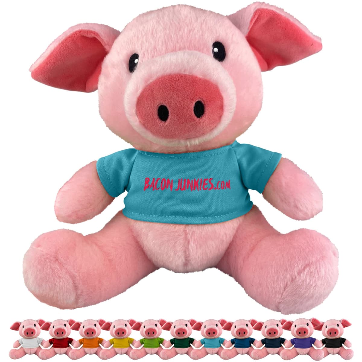 A pink plush pig wearing a blue shirt, featuring a logo, with several smaller colourful plush pigs displayed below.