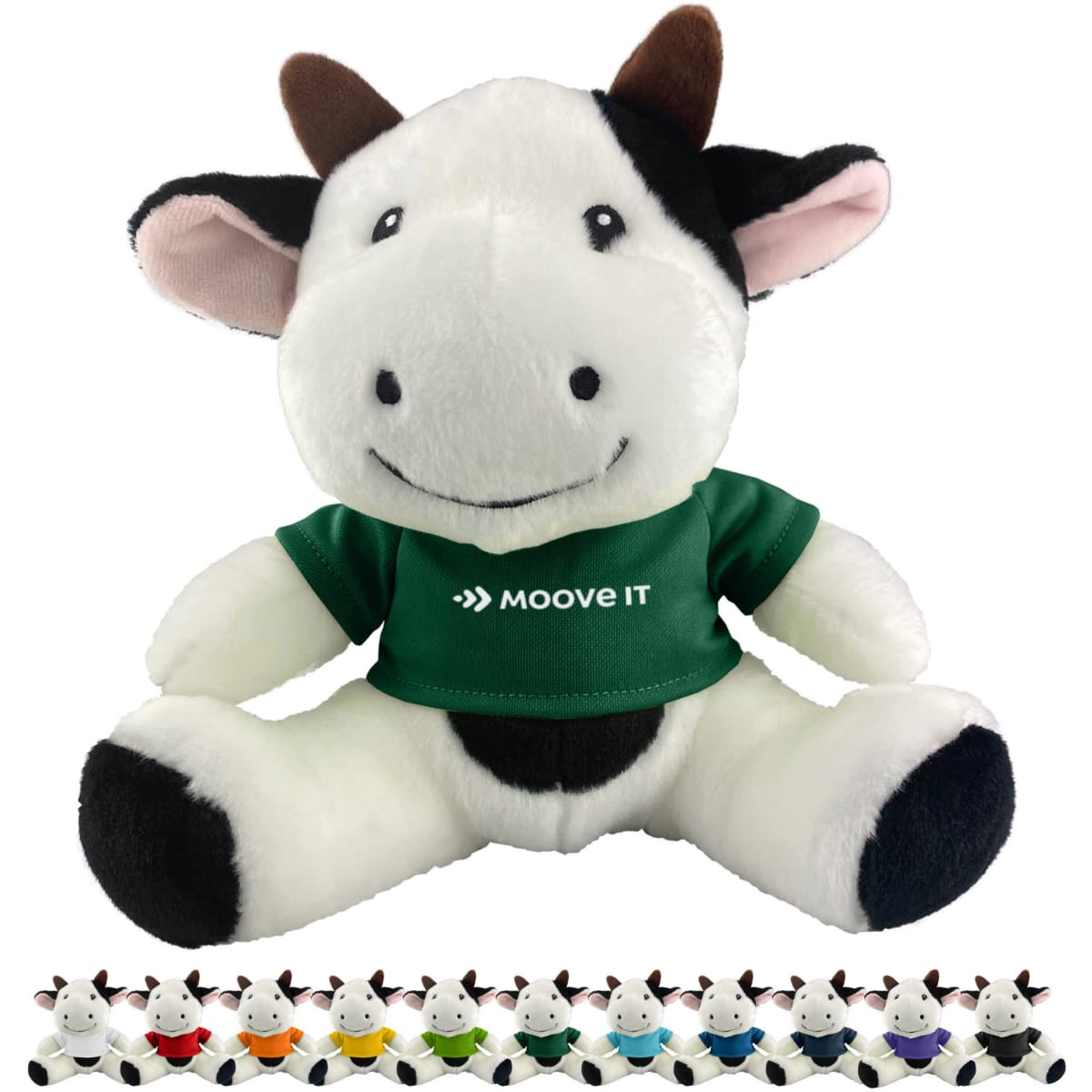 A plush cow toy with black and white fur, wearing a green shirt and featuring a logo. Various small cow figures are in the background.