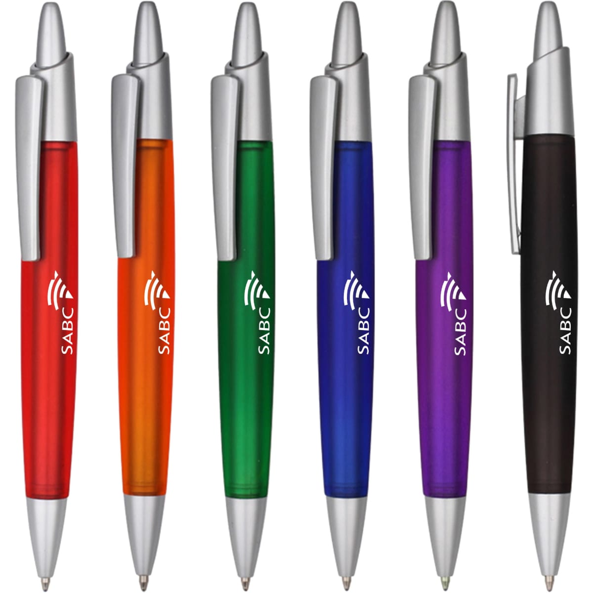 A collection of plastic pens in orange, green, blue, purple, and black, each with a silver clip and branding.