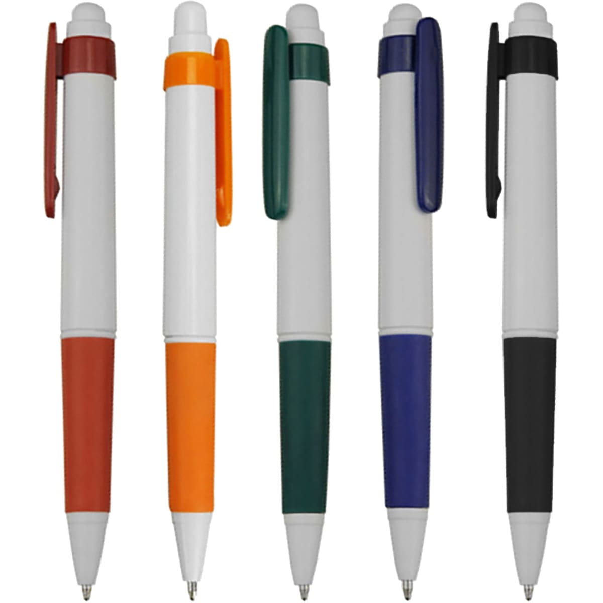 Five plastic pens in various colours: maroon, orange, green, navy, and black, with white barrels and clips.