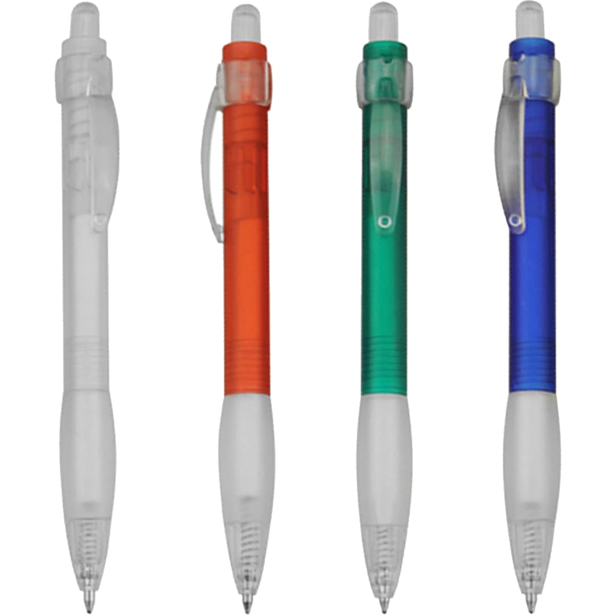 A collection of four plastic pens in clear, orange, green, and blue, featuring transparent grips and a logo.
