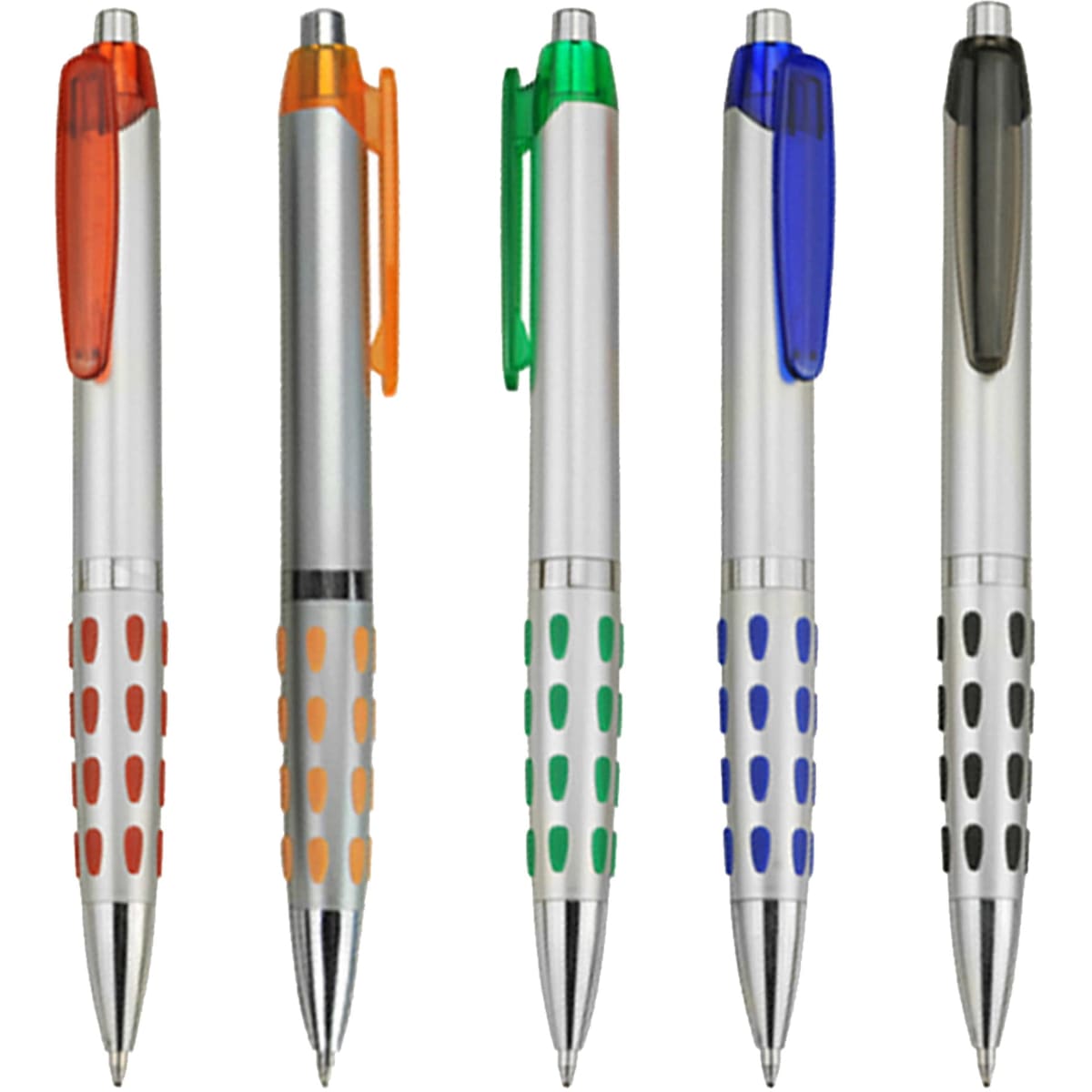 A collection of five plastic pens in silver, featuring bright accents in orange, green, blue, and black, with dotted grips.