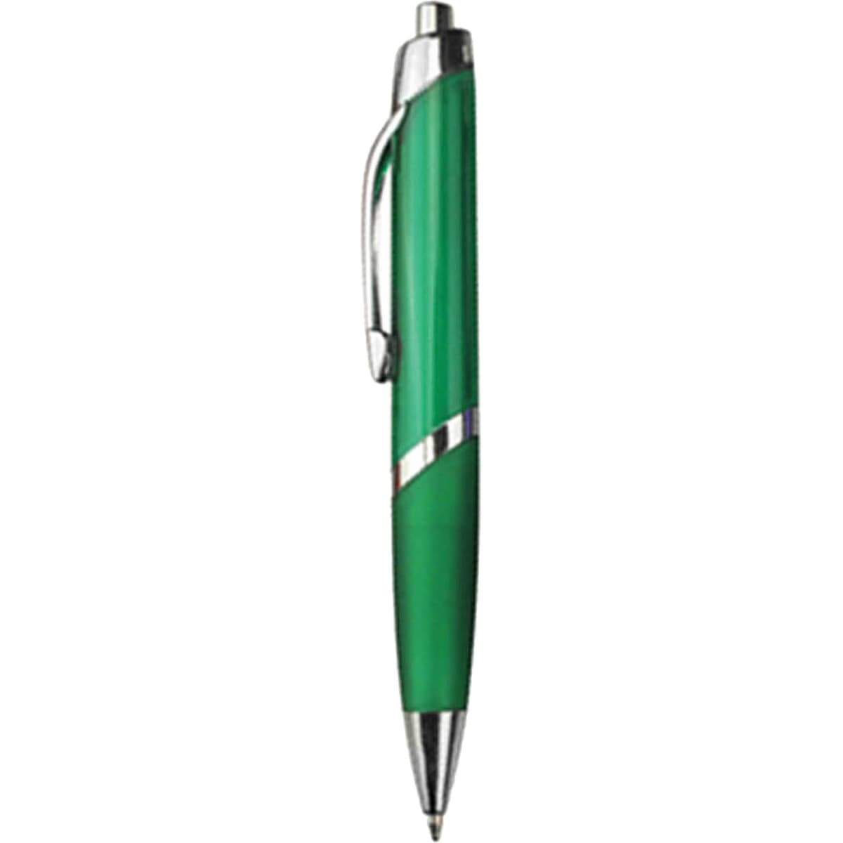 A green plastic pen with a chrome clip and silver accents, featuring a logo on its body.
