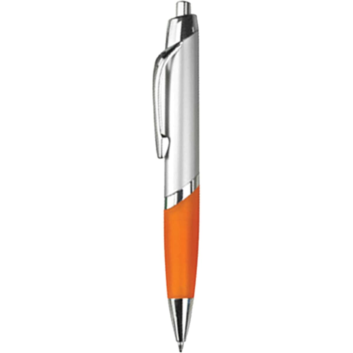 A plastic pen with a silver body and an orange grip, featuring a clip and a ballpoint tip.