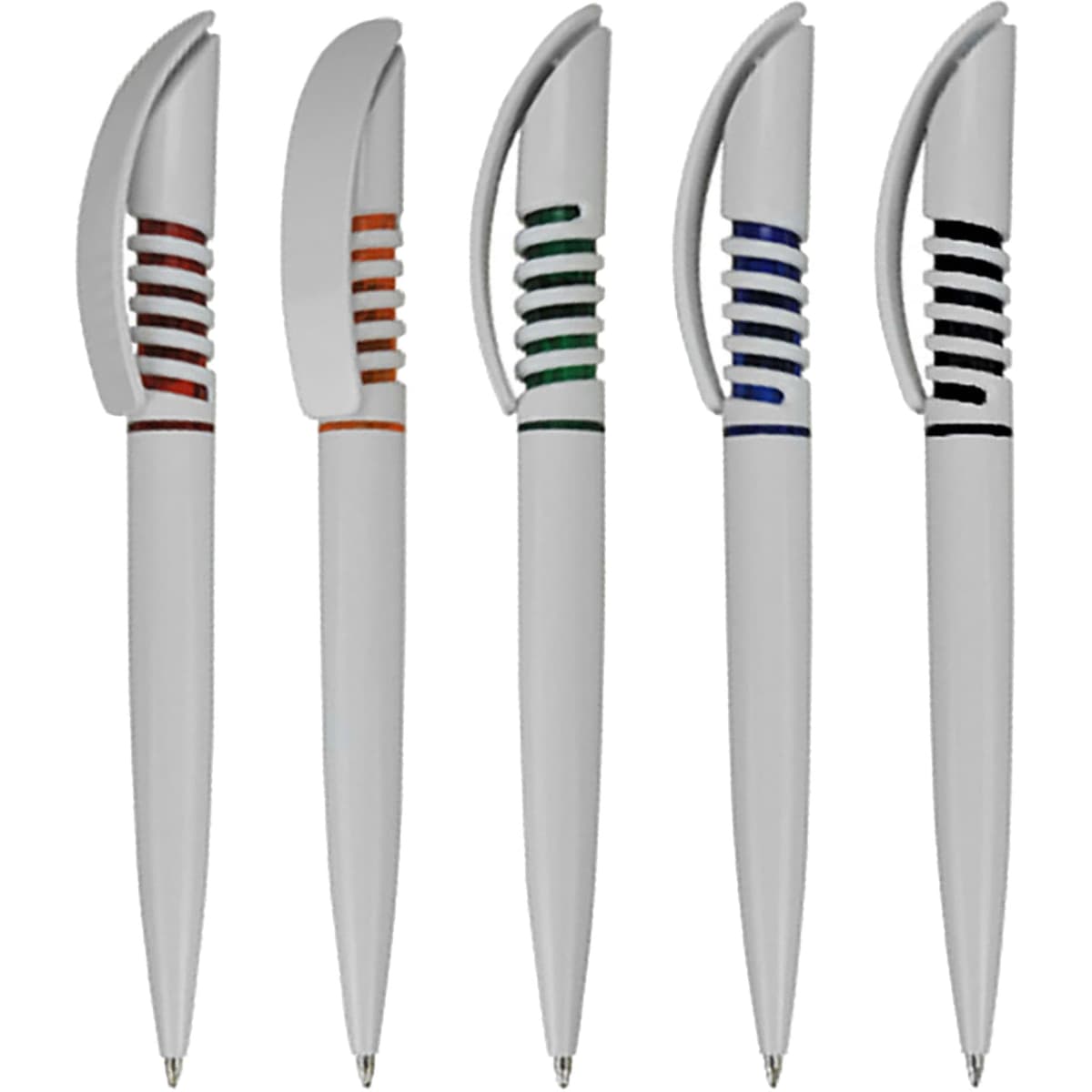 A set of five plastic pens in grey with coloured accents: orange, green, blue, and black. Each pen features a unique design element.