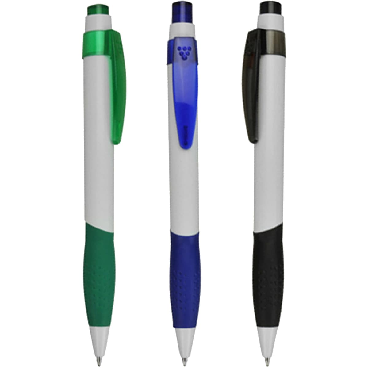 Three plastic pens in green, blue, and black with white grips and clips, featuring logos on the bodies.