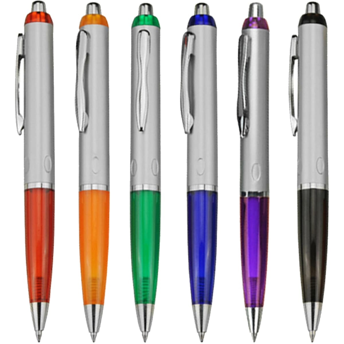 A collection of plastic pens in orange, green, blue, purple, and black, featuring silver accents and logos.