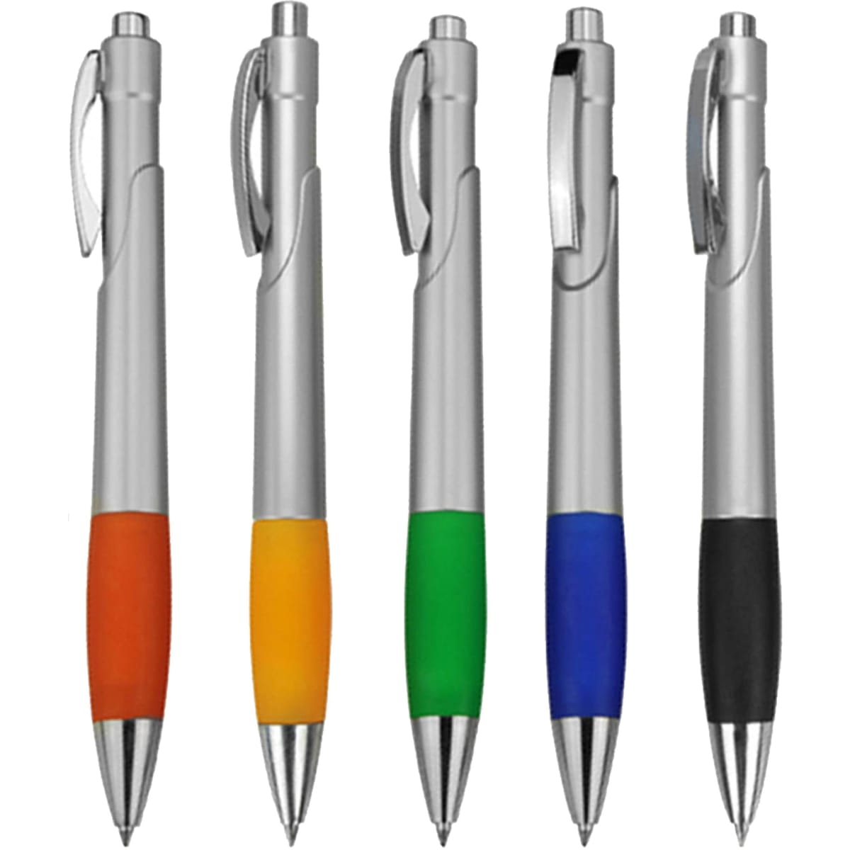 A set of five plastic pens featuring silver bodies and coloured grips in orange, yellow, green, blue, and black.