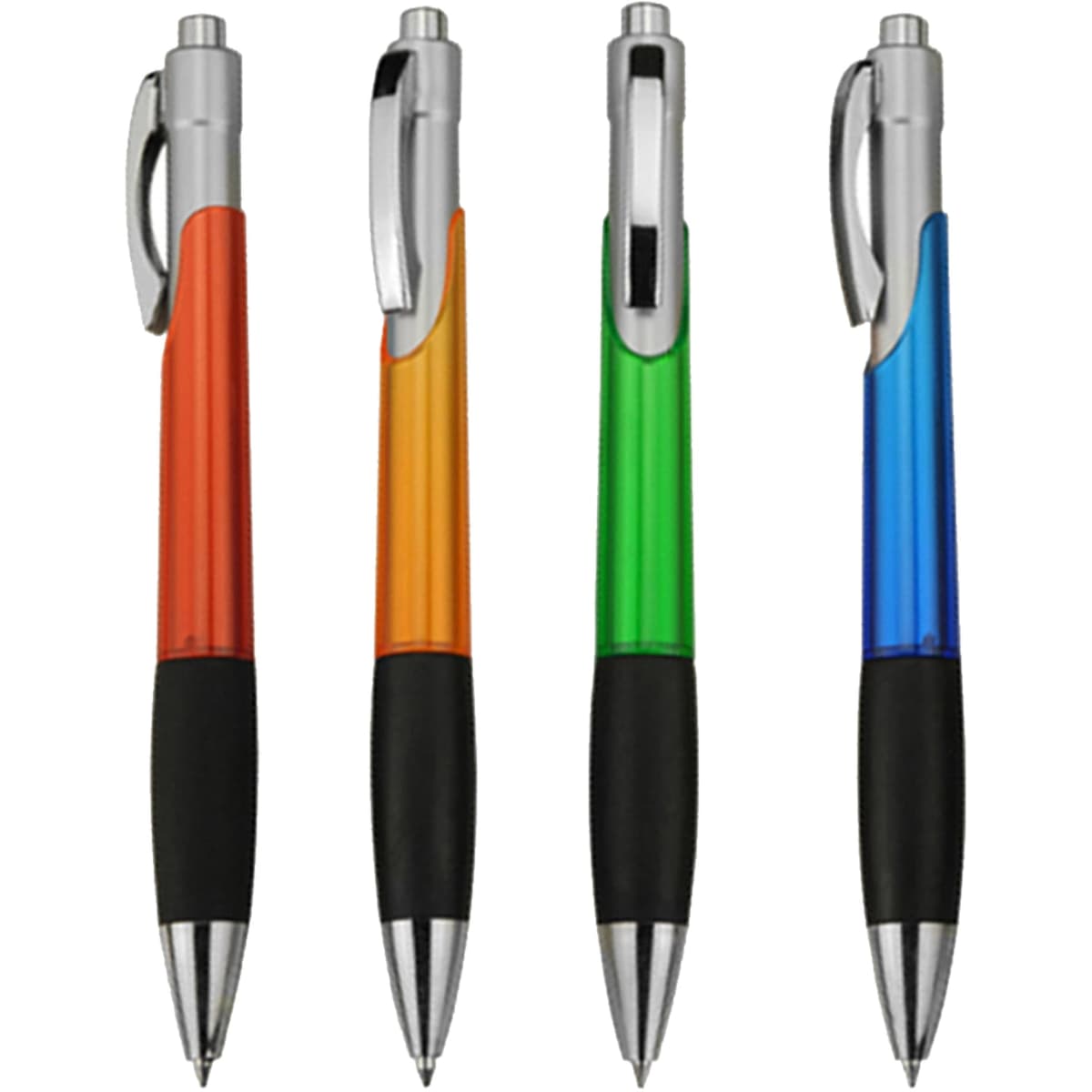 Four plastic pens in vibrant colours: orange, green, blue, and red, with black grips and silver accents.