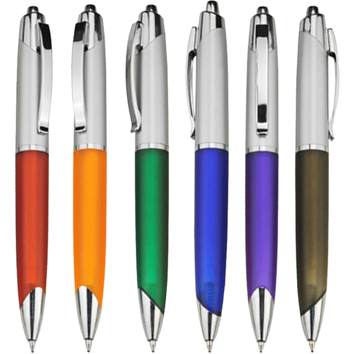 A collection of six plastic pens in red, orange, green, blue, purple, and brown, featuring silver accents and clips.
