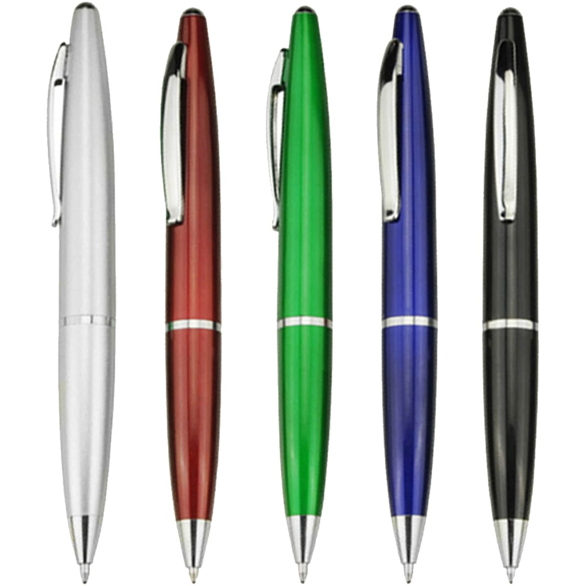 A set of five plastic pens in silver, red, green, blue, and black with a shiny finish and a logo.
