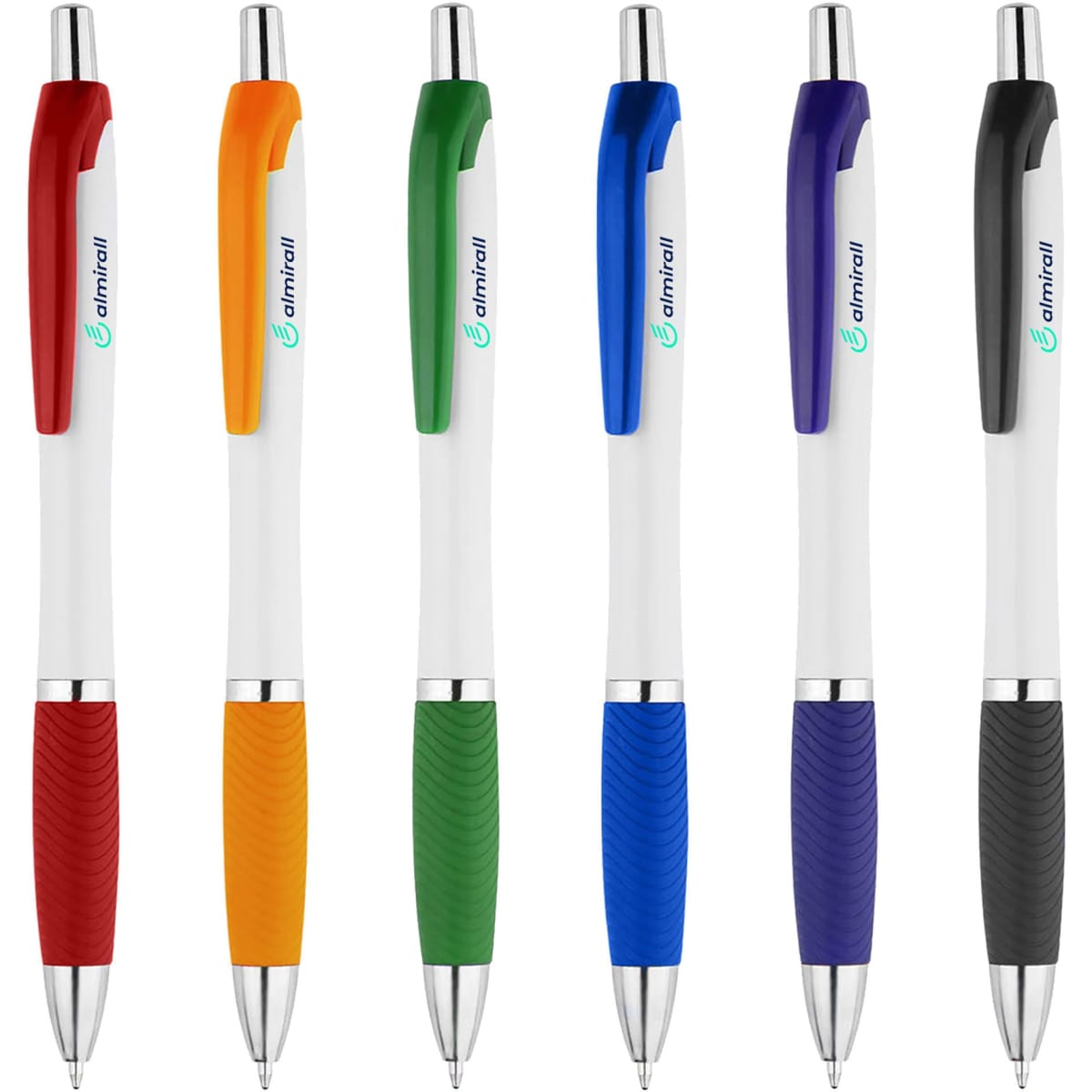 A collection of six plastic pens in orange, green, yellow, blue, purple, and black, featuring a textured grip and logo.
