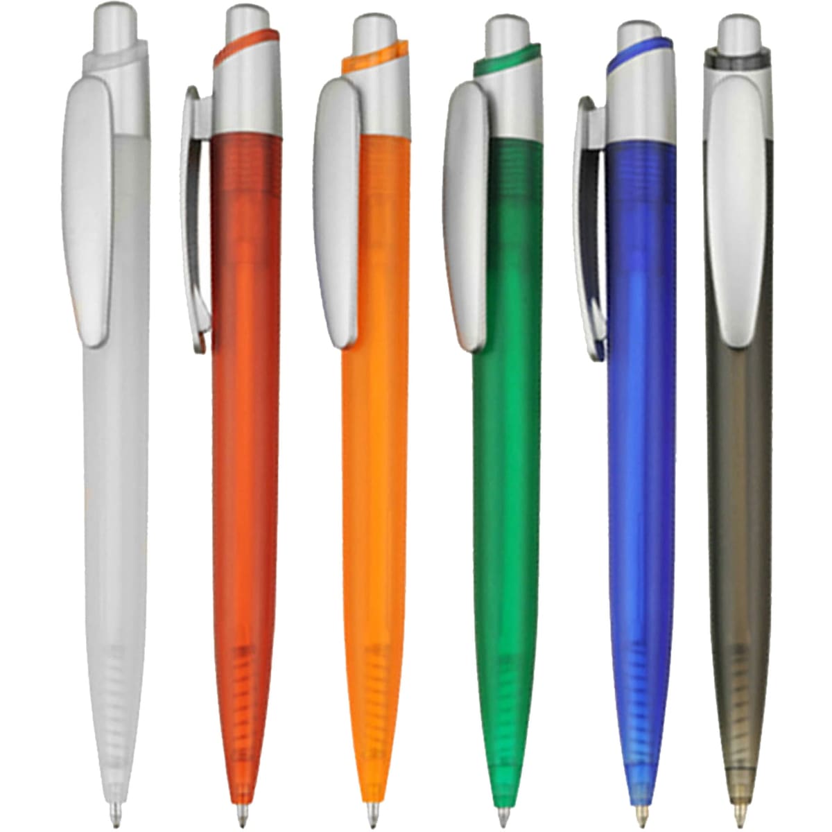 A collection of plastic pens in clear, orange, green, blue, and brown with silver accents and clips.