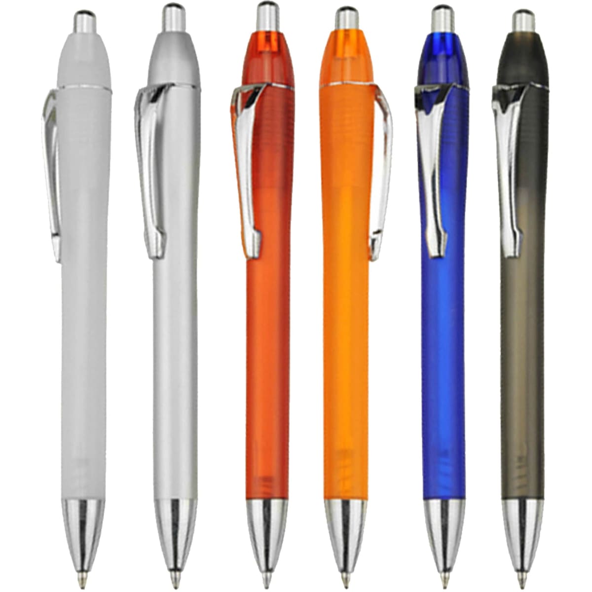 A collection of six plastic pens in silver, orange, blue, grey, and clear, featuring chrome accents and clips.