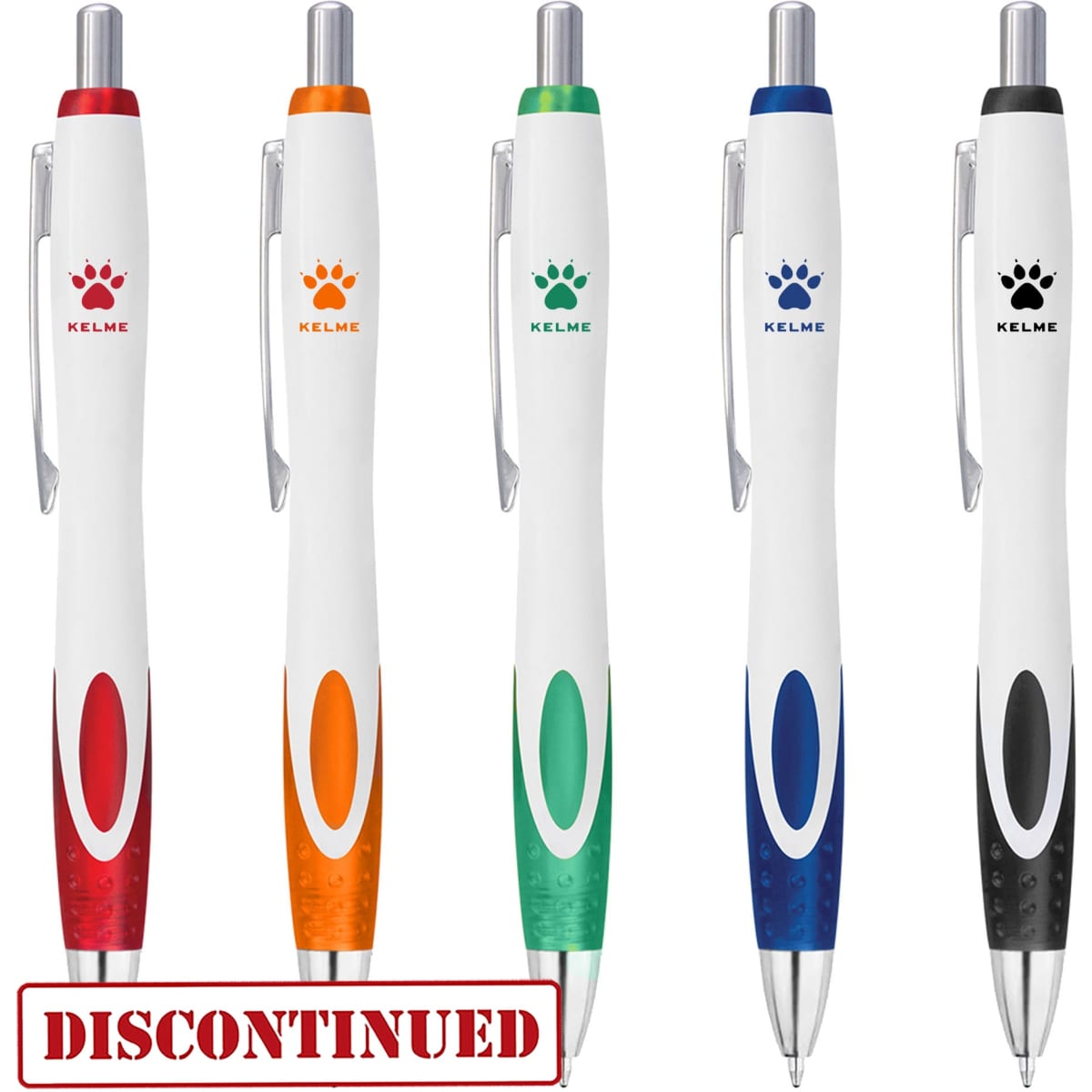 A selection of five plastic pens in white, featuring various coloured accents: orange, green, blue, and black, with a logo.
