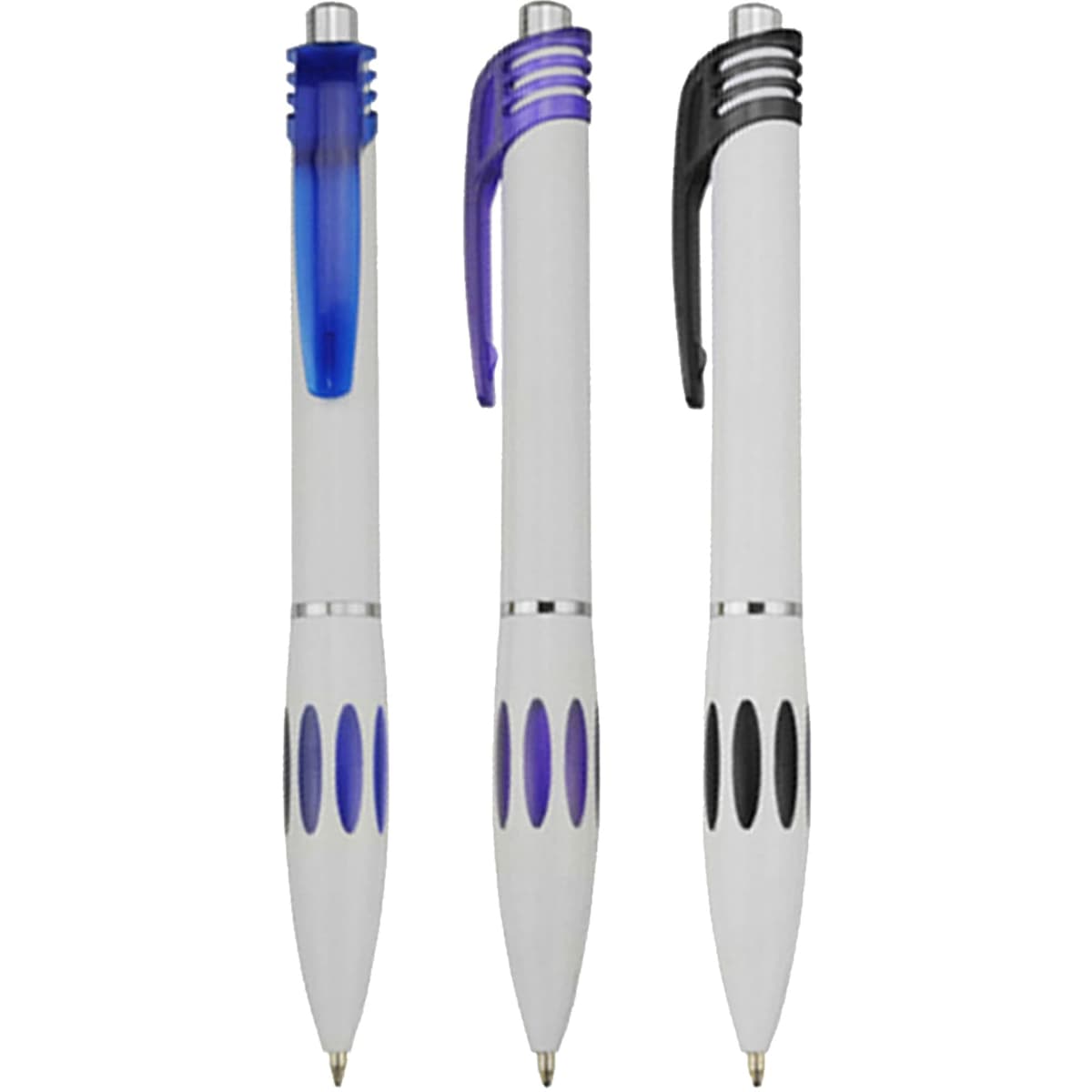Three plastic pens in white with blue, purple, and black accents, featuring a logo on each pen.