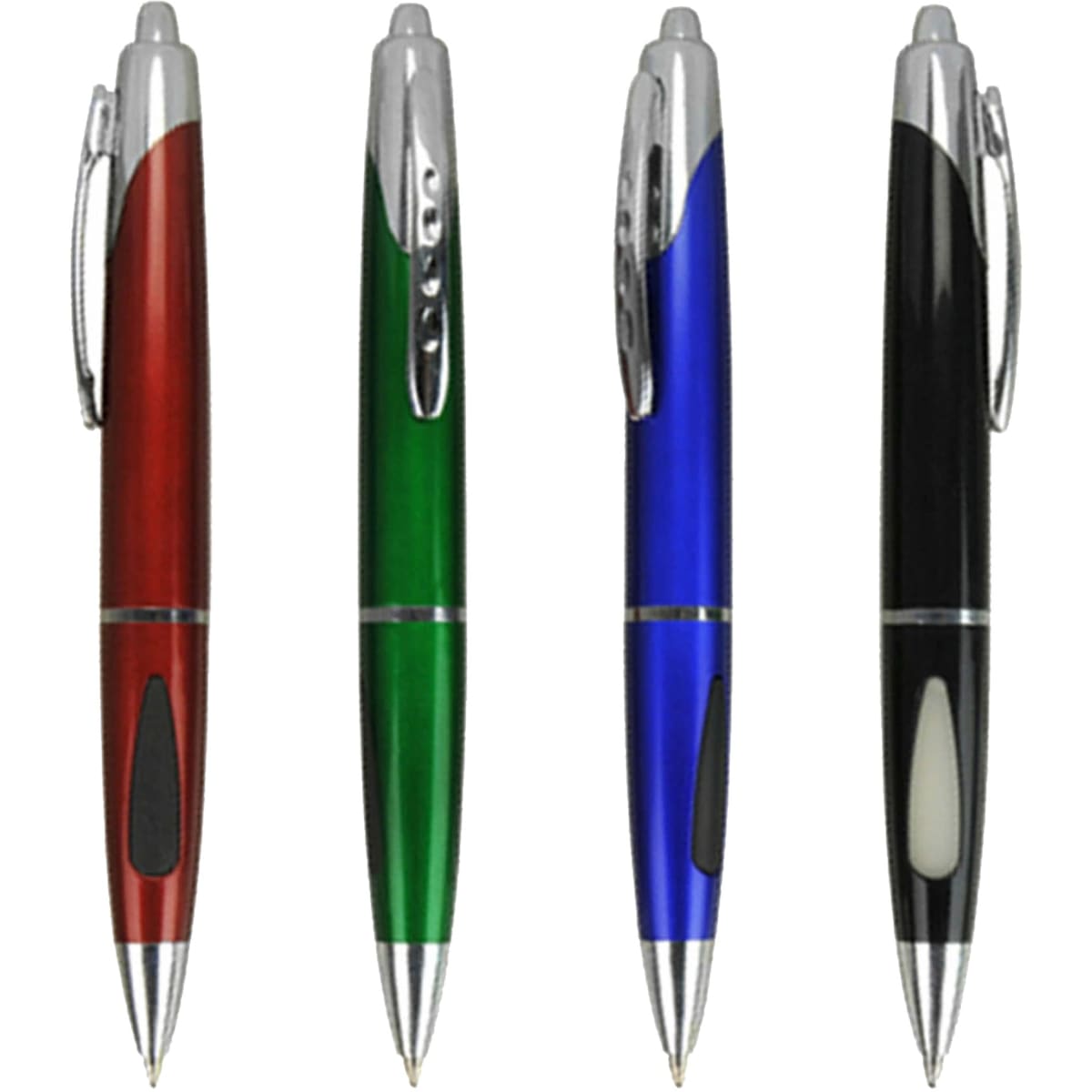 A selection of four plastic pens in red, green, blue, and black, featuring chrome accents and clips.