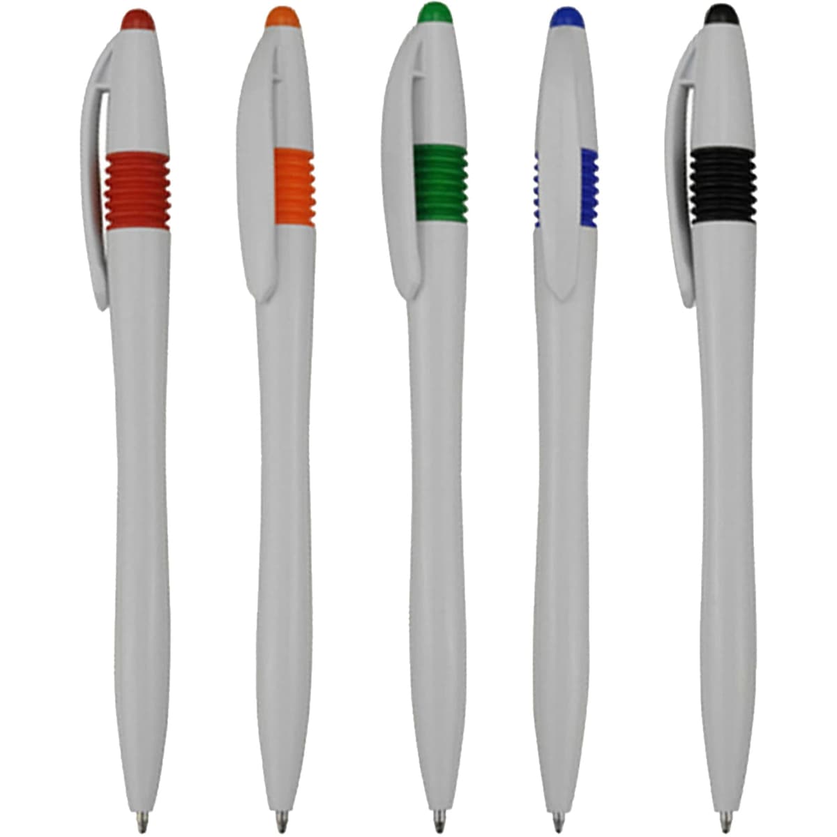 A collection of plastic pens in grey, featuring orange, green, blue, and black accents, with a logo present.
