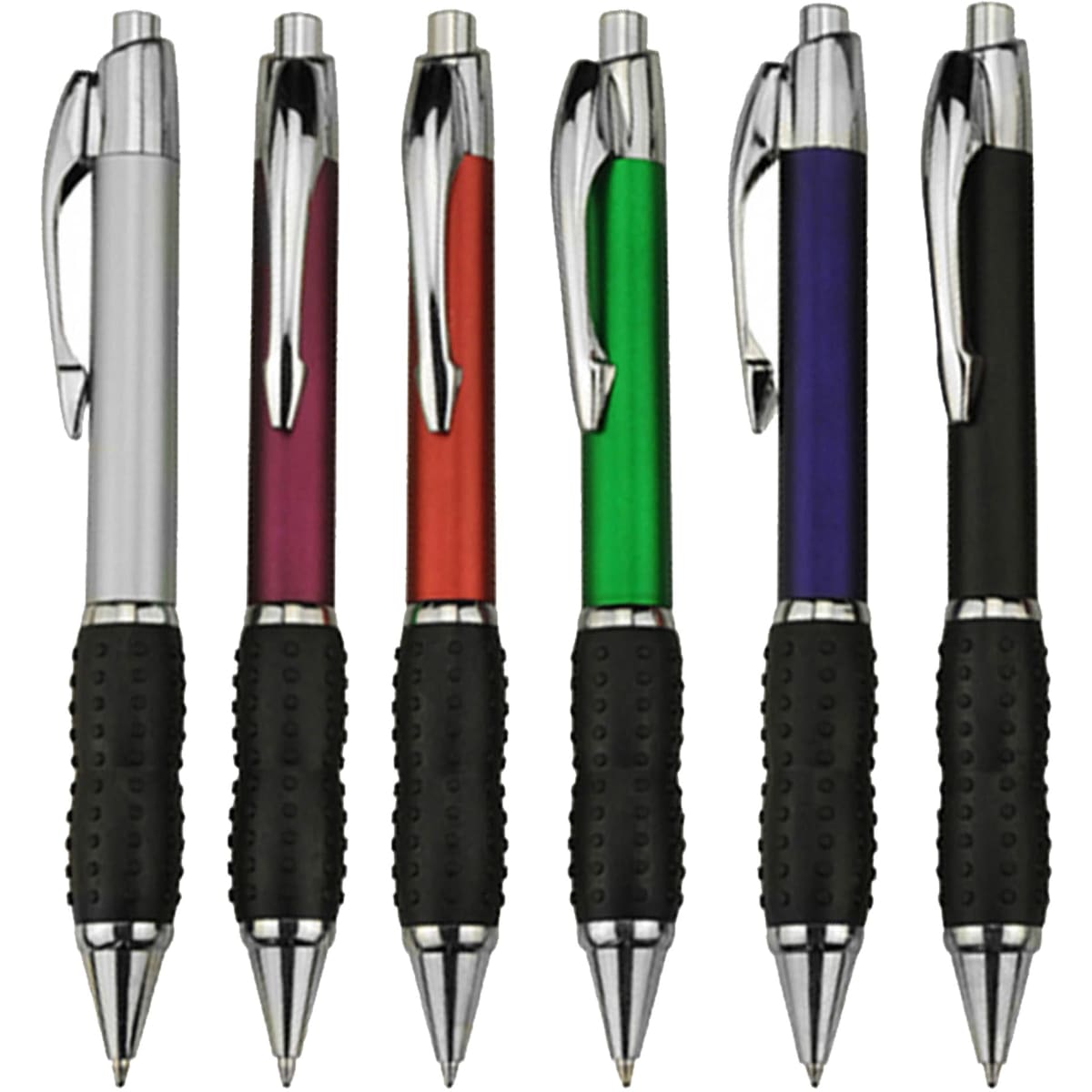 A set of six plastic pens in silver, purple, red, green, and black with rubber grips and chrome accents. Each pen has a logo.
