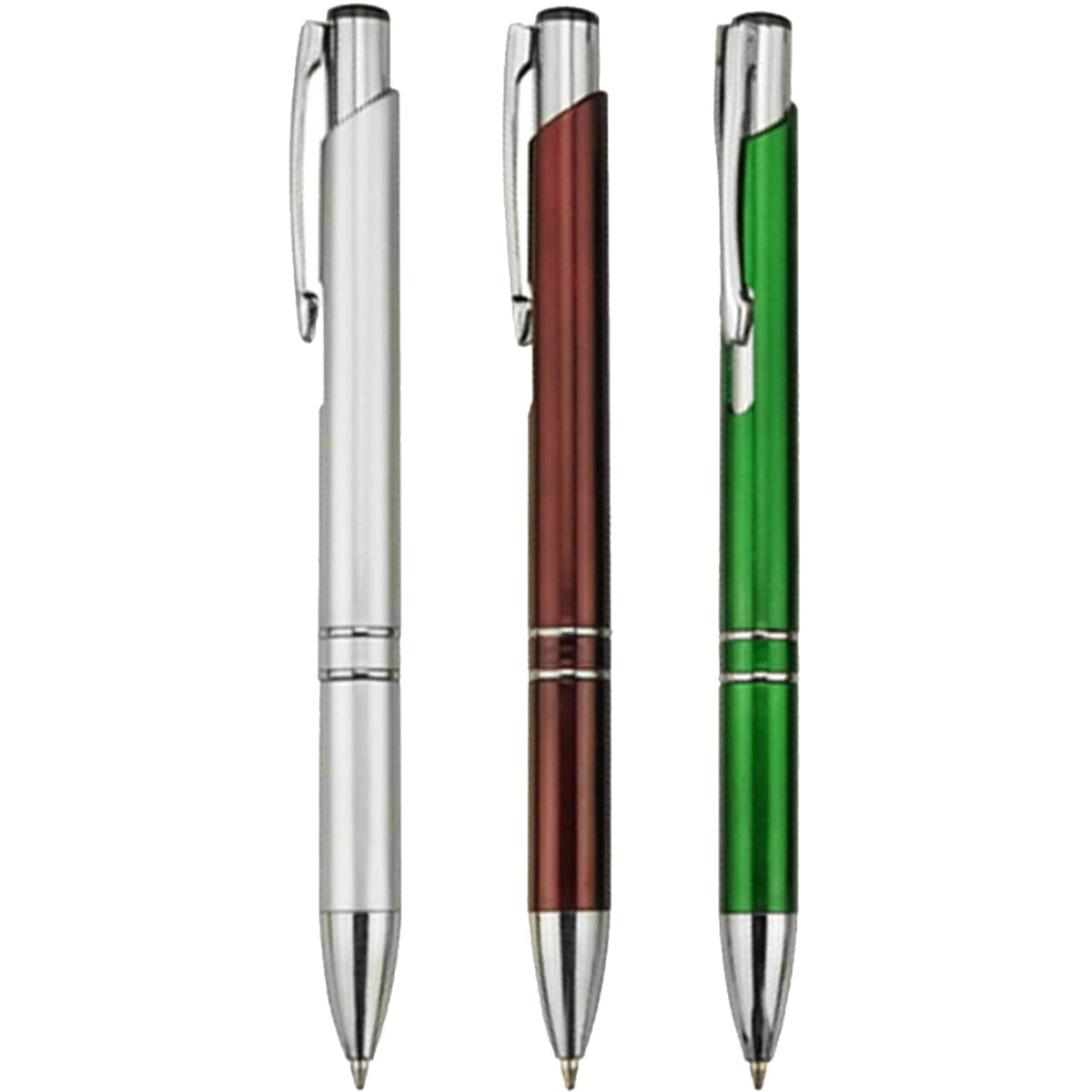 Three plastic pens in silver, burgundy, and green, featuring a logo on the barrel and a sleek design.