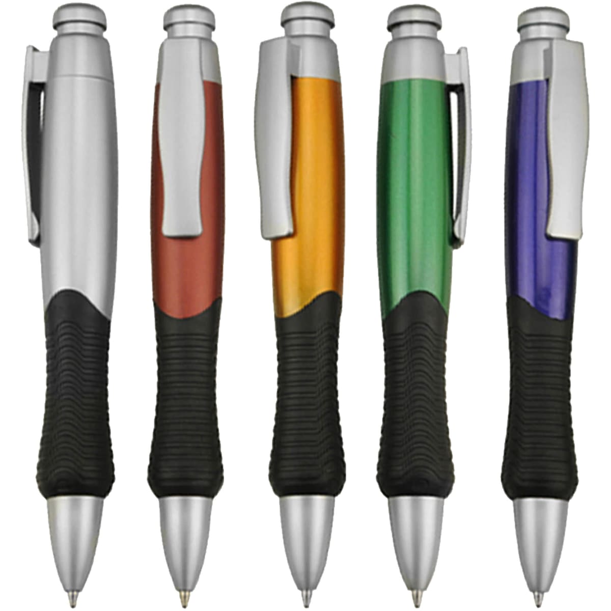 A collection of five plastic pens in silver, brown, orange, green, and purple with ergonomic grips. Each pen has a logo.