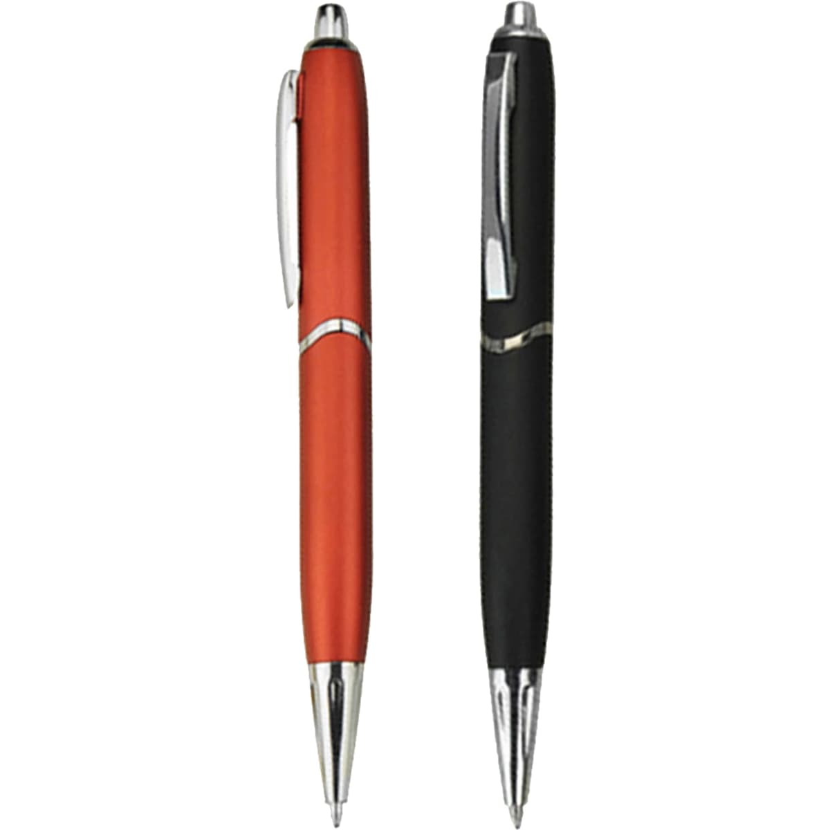 Two plastic pens are displayed: one in red and the other in black, both featuring silver detailing and a logo.